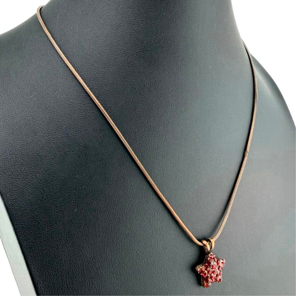 1928 Ruby Rhinestone Pave Star Pendant Bronze Tone 17" Fashion Necklace